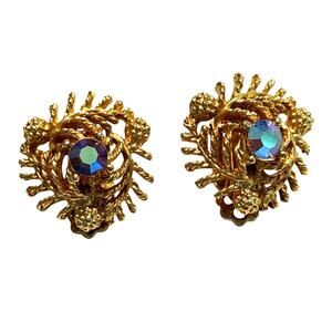 Vintage mid century clip on earrings ornate goldtone & AB center rhinestones